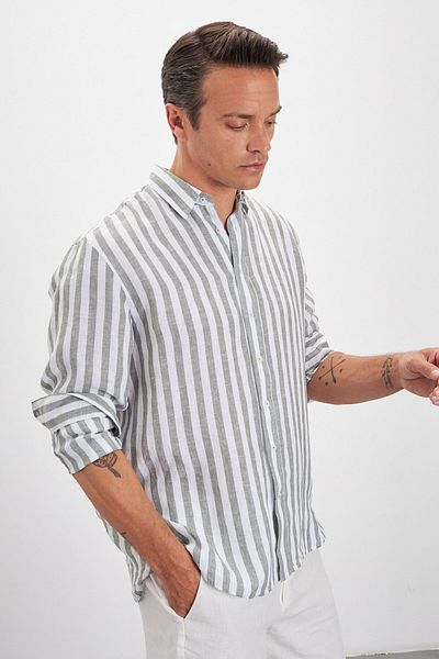 Paşahan Relax Fit Striped Bottom Collar 100% Linen Men's Shirt