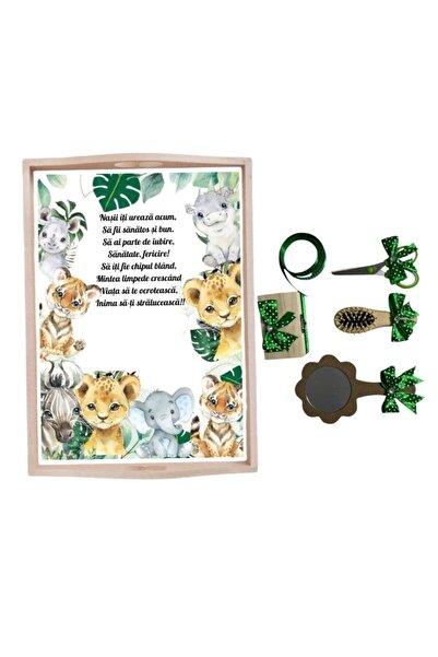 Botez Set tavita pentru taiere mot la baietei- animalute zoo - verde, 6 piese