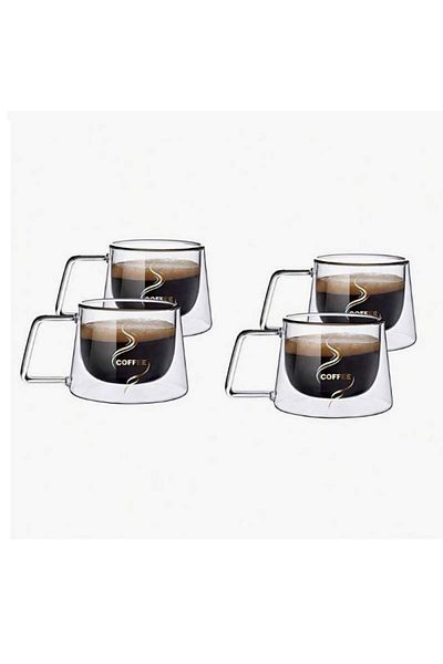 SIKS Set of 4 SIKS Glass Mugs, Double Walled, Heat Resistant, Coffee Model, Capacity 200 ML, Transparent