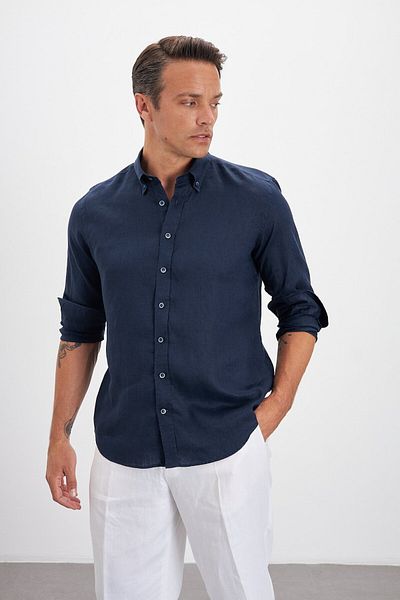 Paşahan Lapel Button Comfort Fit 100% Linen Men's Shirt