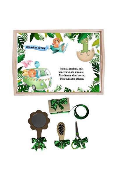 Botez Set tavita pentru taiere mot la baietei- dinozauri verde, 6 piese