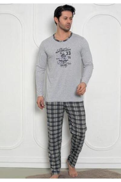 TOSKI Men's Pajama Gray with Locomotive Design - Long Sleeves and Long Pants