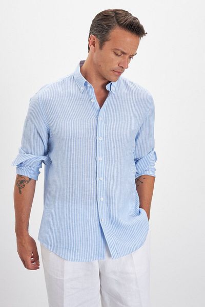 Paşahan Lapel Button Striped Comfort Fit 100% Linen Men's Shirt