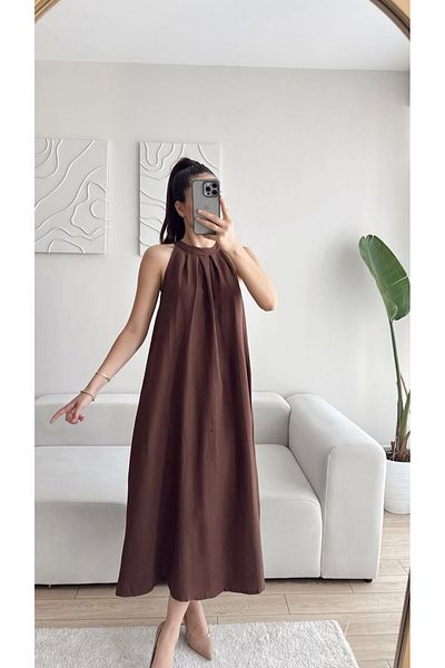 Zoom Butik Halter Neckline Tulle Linen Dress - Brown