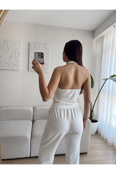 Zoom Butik Neck Snap Side Lacing Double Suit - White
