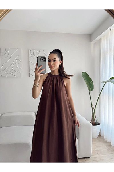 Zoom Butik Halter Neckline Tulle Linen Dress - Brown