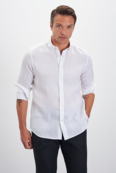 Paşahan قميص رجالي من الكتان بنسبة 100% بزر ياقة مريح