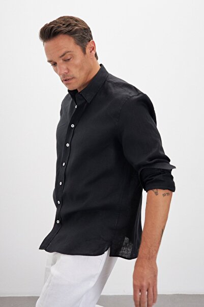 Paşahan Relax Fit Bottom Collar 100% Linen Men's Shirt