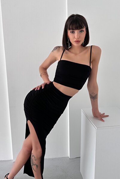 New Now Askili Crop, Slit Skirt Sandy Drape Suit