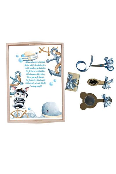 Botez Set tavita pentru taiere mot la baietei- iepuras blue, 6 piese