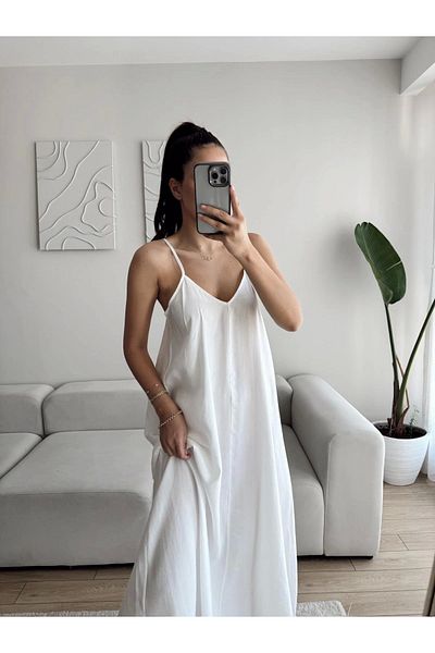 Zoom Butik V-neck strap long linen dress - white