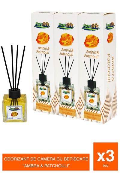 PureLife Set of 3 x PureLife Reed Air Freshener – Amber – 120 ml
