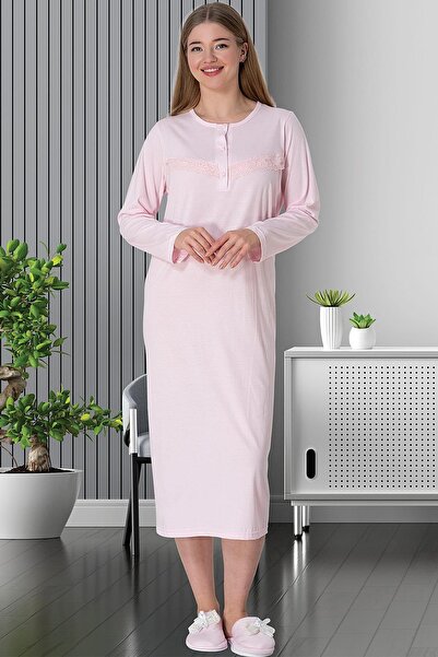By Mecit Pijama Women's Long Sleeve Half Button Front Plus Size Nightgown
