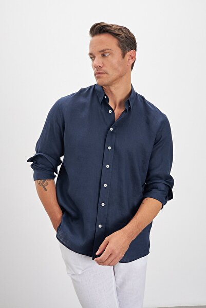 Paşahan Relax Fit Bottom Collar 100% Linen Men's Shirt