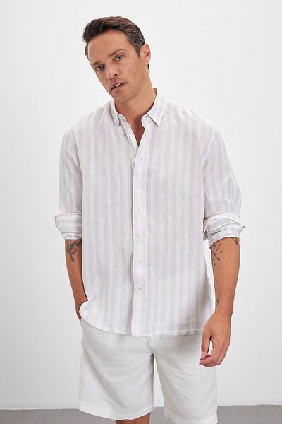 Paşahan Relax Fit Striped Bottom Collar 100% Linen Men's Shirt
