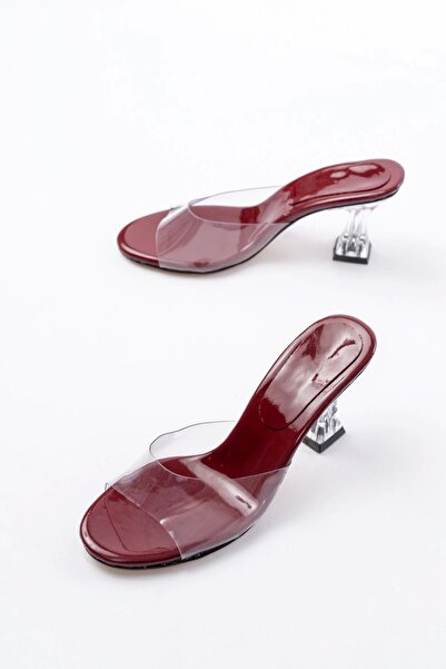No8 Home Burgundy Patent Leather Transparent Banded Transparent Heeled Round Toe Women's Slippers