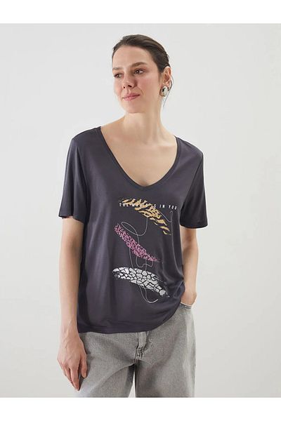 LC Waikiki Lcw Eco Anthracite V-Neck Printed Women's T-Shirt