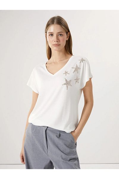 LC Waikiki Lcwaikiki Classic Ecru V-Neck Sequined Combed Cotton Women's T-Shirt