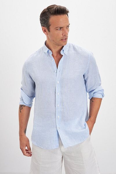 Paşahan Lapel Button Striped Comfort Fit 100% Linen Men's Shirt