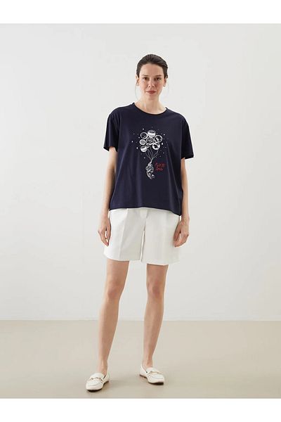 LC Waikiki Lcw Eco Navy Blue Crew Neck Printed Women's T-Shirt