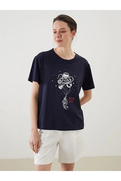 LC Waikiki Lcw Eco Navy Blue Crew Neck Printed Women's T-Shirt