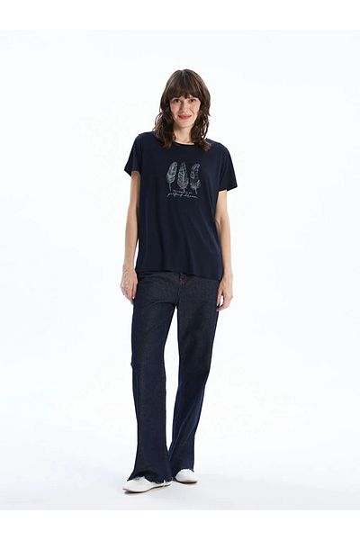 LC Waikiki Lcwaikiki Classic Navy Blue Crew Neck Printed Women's T-Shirt