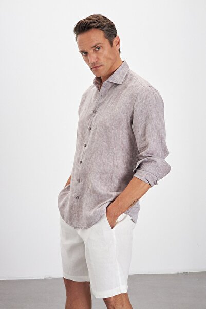 Paşahan Italian Collar Comfort Fit Plain 100% Linen Men's Shirt