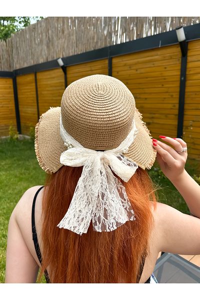 CSR Collection Straw Lace Bow Pearl Detailed Ultra Premium Hat