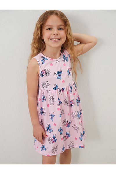 LC Waikiki Pink Angel & Stitch Printed Girl's Dress
