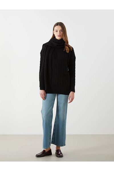 LC Waikiki Lcw Modest Black Half Turtleneck Self Patterned Women's Knitwear Tunic