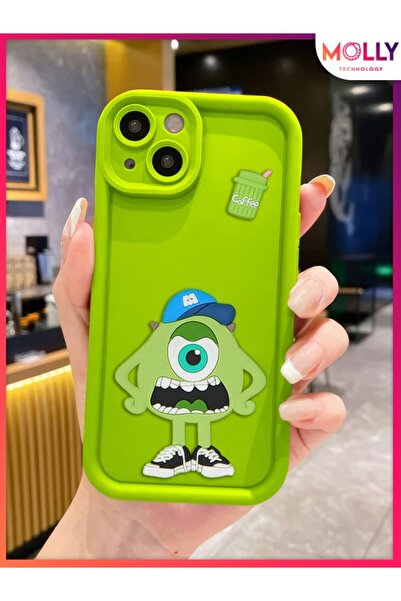 Molly iPhone 13 İçin Yeşil Kenarları Kalın 3d Kabartmalı Sevimli Canavar Mike...