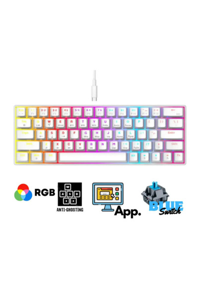 Hietech Kablolu Gaming Klavye Blue Switch Oyuncu Klavyesi %60 Rgb Beyaz App U...