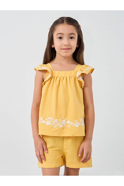Styli Girls Embroidered Ruffled Sleeves Blouse and Shorts Set