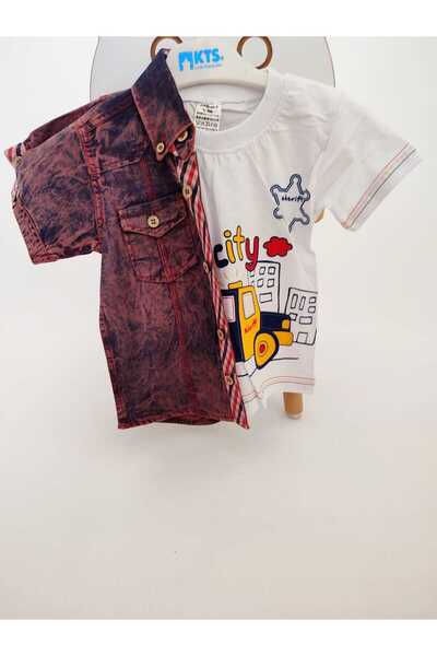 GAMZEAKKUŞ Short-Sleeved Shirt and Car-Printed T-Shirt 2-Piece Boy's Suit (Not Including Shorts)