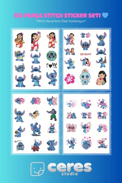 Ceres Studio Stitch Temalı 155 Parça Sticker Seti - Kawaii Karakter Etiketleri Defter Laptop Telefon İçin