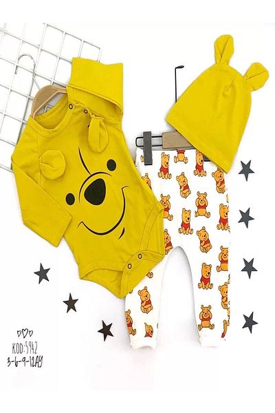 ALFA AKSESUAR 03 3-6-9-12 Months Eared Hat Teddy Bear Patterned Bodysuit 3-Piece Baby Girl and Boy Set Yellow