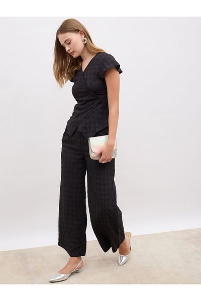 Styli Self Design Asymmetric Hem Top and Wide Leg Pants Co-Ords