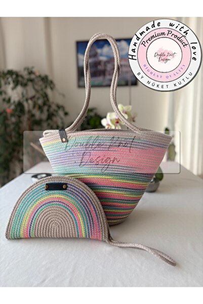 DOUBLE KNOT DESİGN 2li Takım Plaj Çantası , El çantası Clutch, Totebag, Kadın...