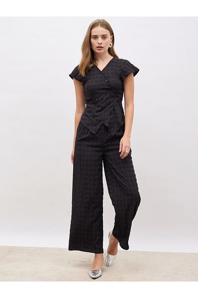 Styli Self Design Asymmetric Hem Top and Wide Leg Pants Co-Ords