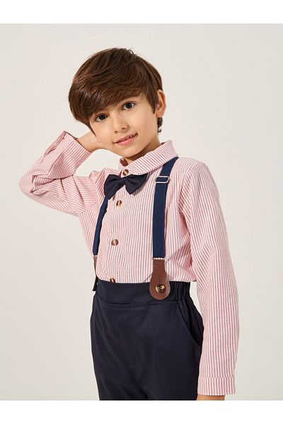 Styli Boys Striped Long Sleeve Shirt and Pants Set with Bow and Suspender