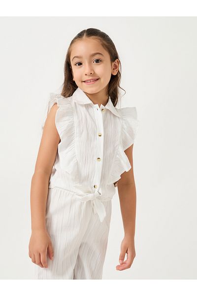 Styli Textured Cap Sleeves Tie-Up Shirt and Wide Leg Pants Set
