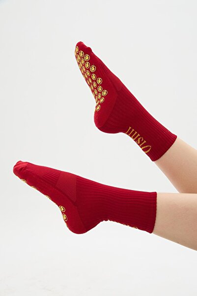 Oishii Yoga Soket Çorap Yarım Havlu Dikyazı Desen Kırmızı