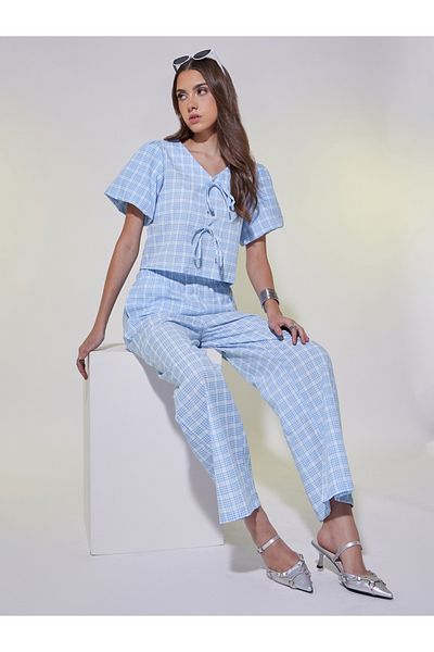 Styli Checked Tie-Up Detail Crop Top and Pants Co-Ords
