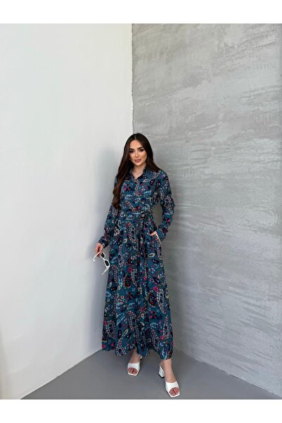 Anna Moda Kuşaklı Şal Desen Elbise