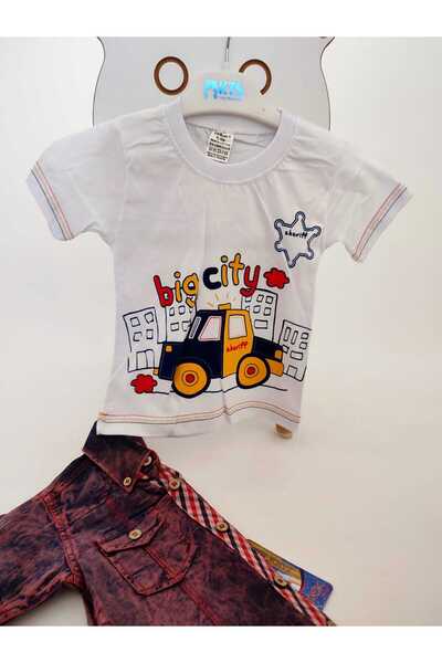 GAMZEAKKUŞ Short-Sleeved Shirt and Car-Printed T-Shirt 2-Piece Boy's Suit (Not Including Shorts)