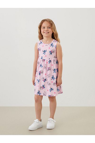 LC Waikiki Pink Angel & Stitch Printed Girl's Dress