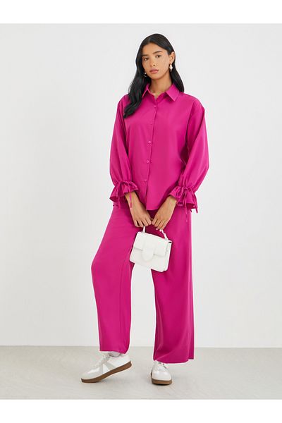 Styli Solid Bell Sleeve Shirt and Pants Co-Ords