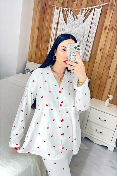 ByGamzeArman Long Sleeve Red Heart Pattern Combed Cotton Fabric Maternity Maternity Pajamas Set