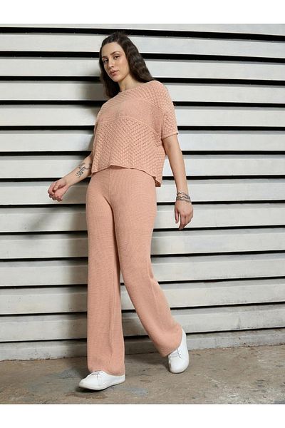 High Star By Styli Knitted Details Short Sleeves Top and Trousers Set