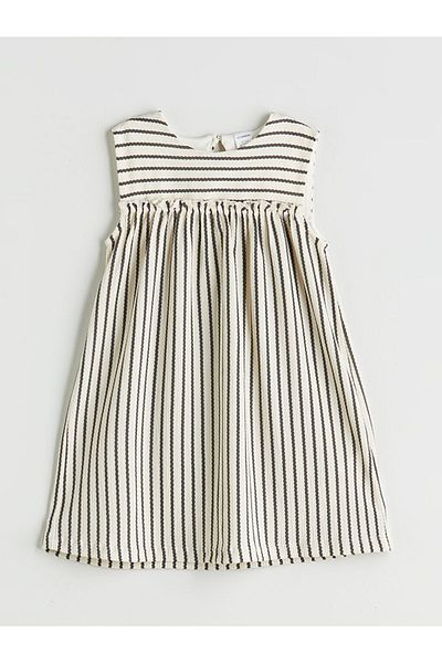 LC Waikiki Ecru Crew Neck Striped Girl's Dress